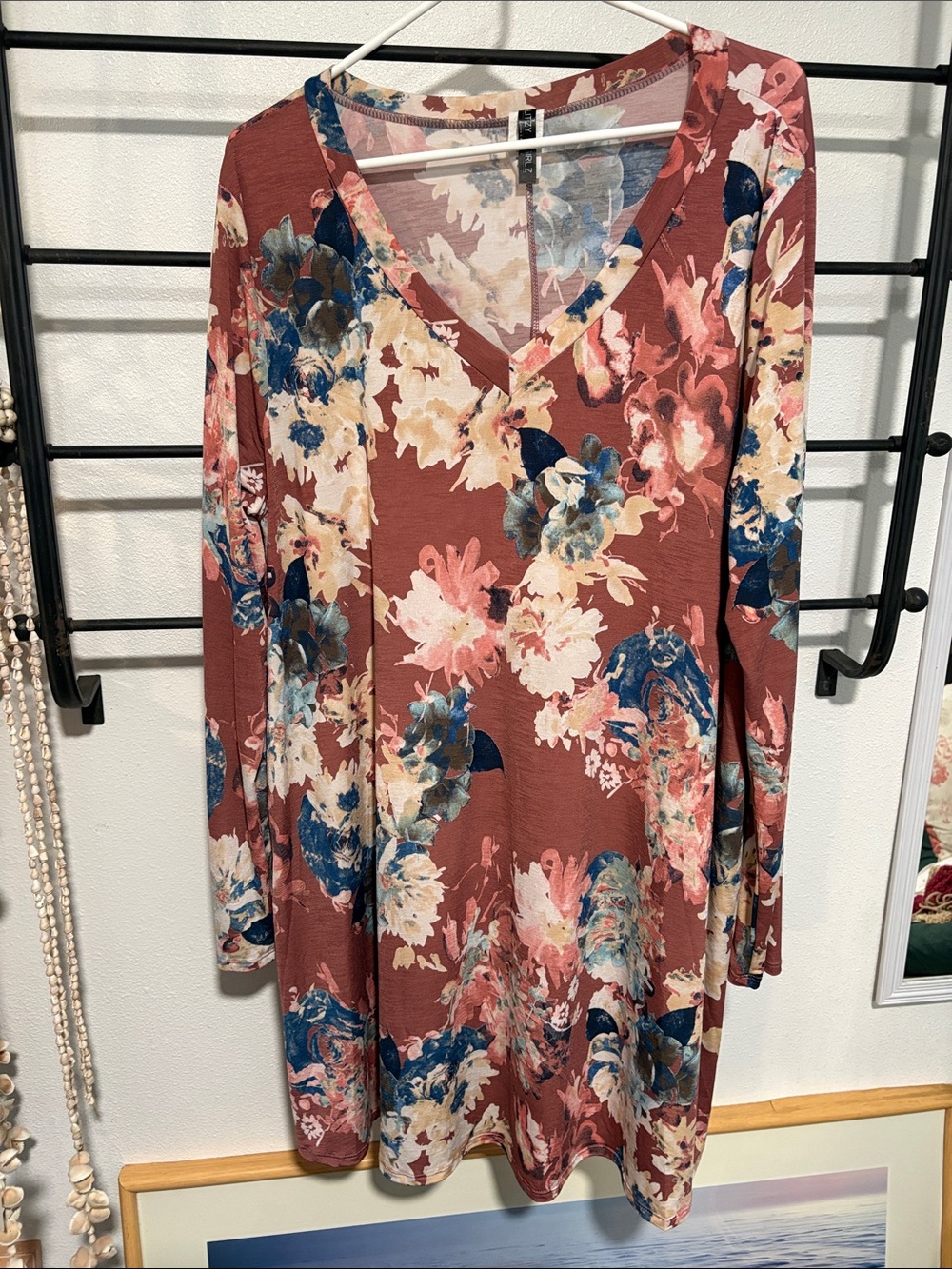 Glitz Girlz ~ Long Sleeve Floral V-Neck Dress in Rust Blue Ivory Stretch